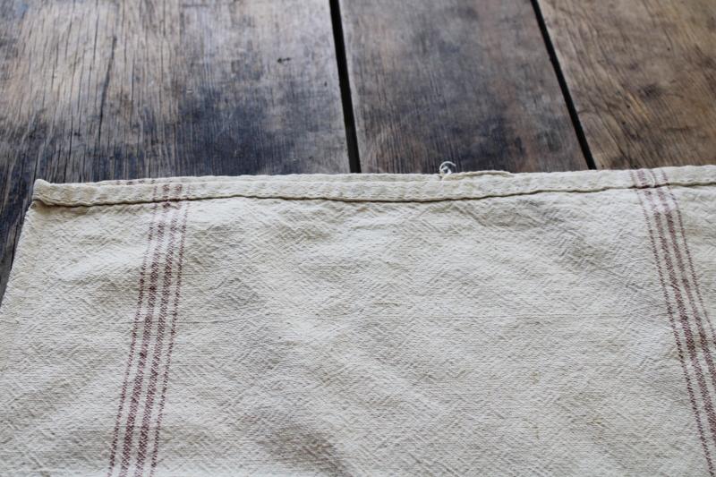 photo of rustic vintage cotton grain sack, coffee brown stripe feed bag patched primitive antique fabric #8