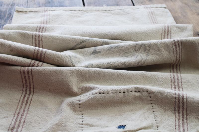 photo of rustic vintage cotton grain sack, coffee brown stripe feed bag patched primitive antique fabric #9