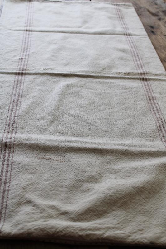 photo of rustic vintage cotton grain sack, coffee brown stripe feed bag patched primitive antique fabric #10