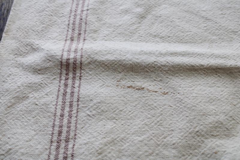 photo of rustic vintage cotton grain sack, coffee brown stripe feed bag patched primitive antique fabric #11