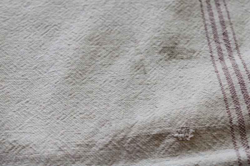 photo of rustic vintage cotton grain sack, coffee brown stripe feed bag patched primitive antique fabric #12