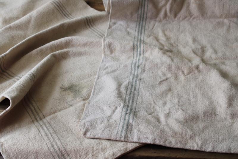 photo of rustic vintage cotton grain sacks, aqua grey stripe seamless 'homespun' feedsack fabric #10