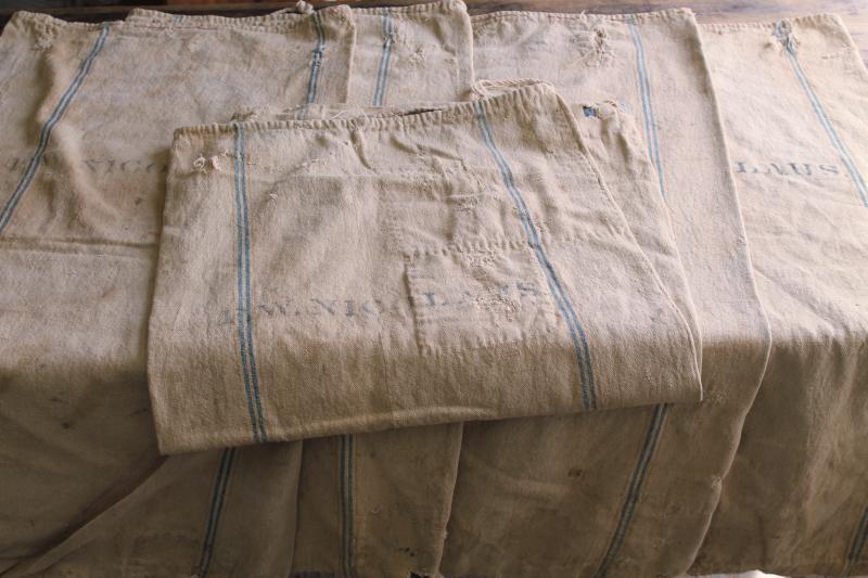 photo of rustic vintage cotton grain sacks, blue & brown stripe feed bags patched primitive antique fabric #1