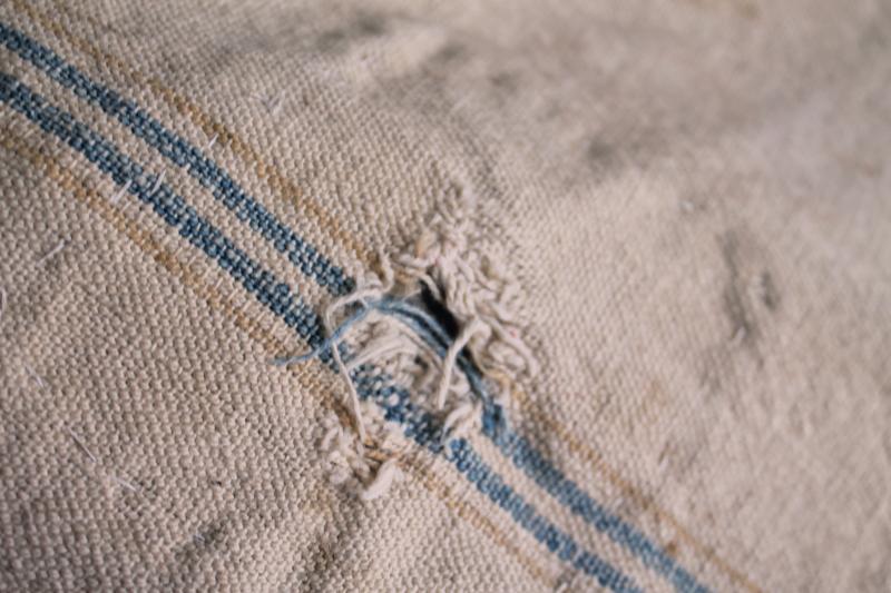 photo of rustic vintage cotton grain sacks, blue & brown stripe feed bags patched primitive antique fabric #2