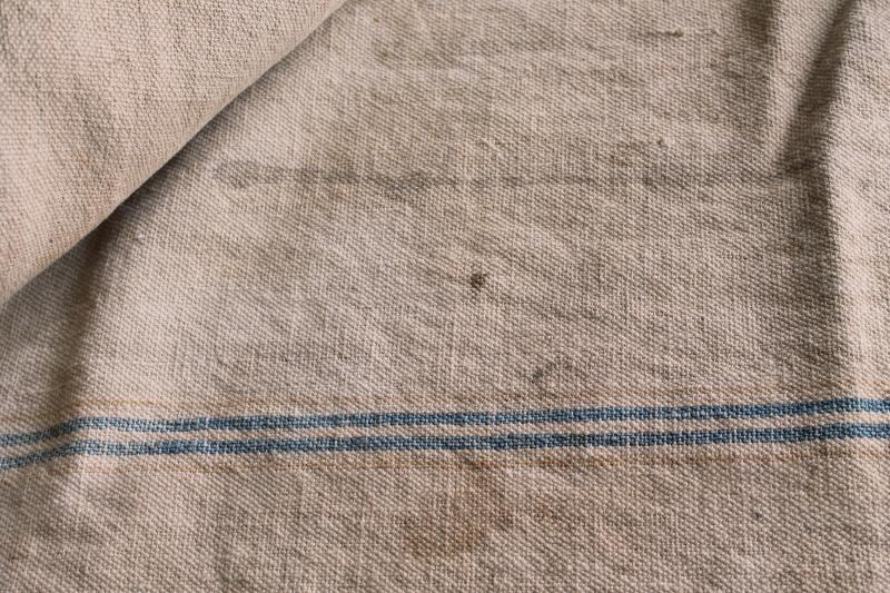 photo of rustic vintage cotton grain sacks, blue & brown stripe feed bags patched primitive antique fabric #3