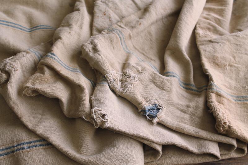 photo of rustic vintage cotton grain sacks, blue & brown stripe feed bags patched primitive antique fabric #4