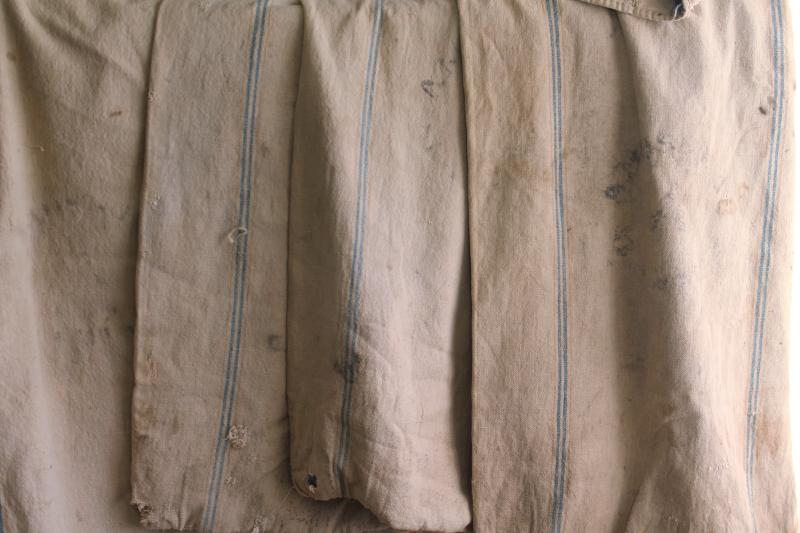 photo of rustic vintage cotton grain sacks, blue & brown stripe feed bags patched primitive antique fabric #5