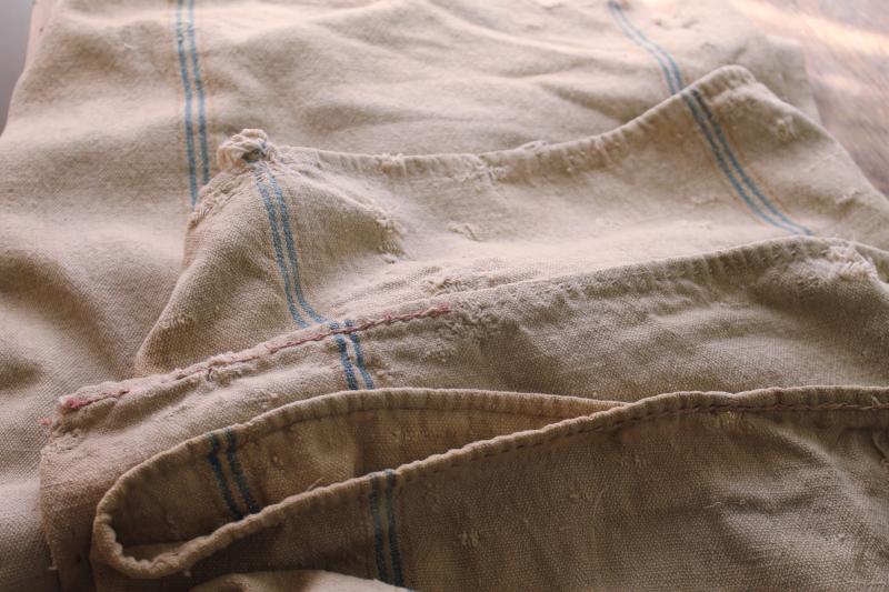 photo of rustic vintage cotton grain sacks, blue & brown stripe feed bags patched primitive antique fabric #8