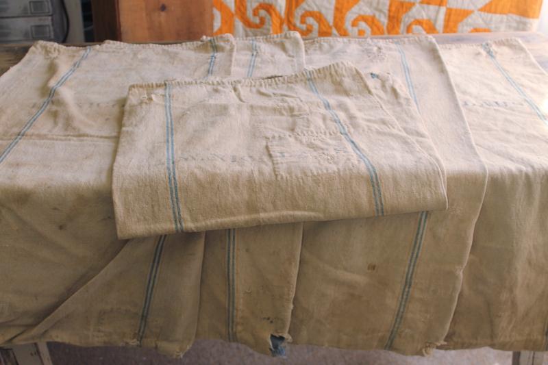 photo of rustic vintage cotton grain sacks, blue & brown stripe feed bags patched primitive antique fabric #12