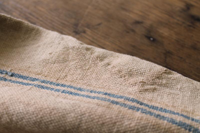 photo of rustic vintage cotton grain sacks, blue & brown stripe feed bags patched primitive antique fabric #13