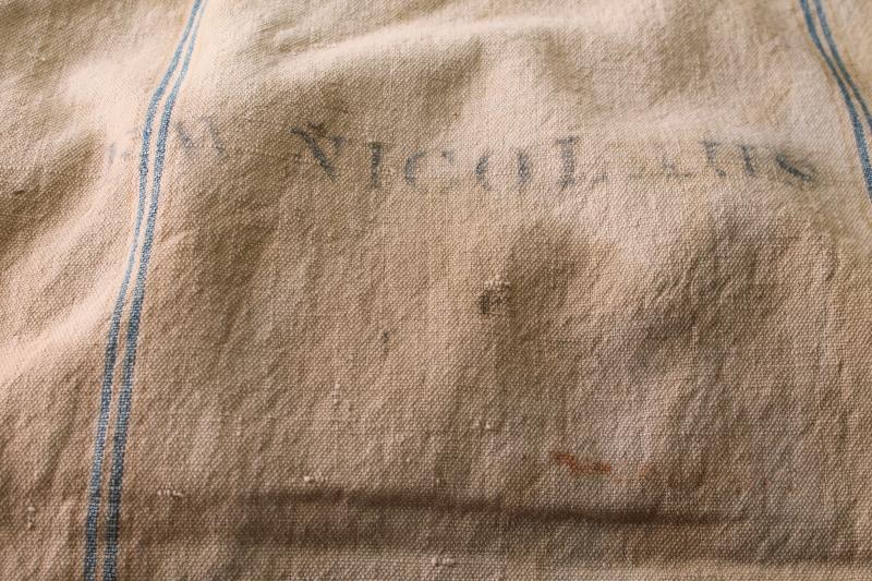 photo of rustic vintage cotton grain sacks, blue & brown stripe feed bags patched primitive antique fabric #14