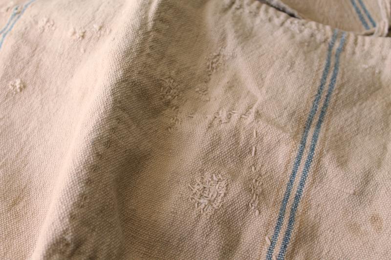 photo of rustic vintage cotton grain sacks, blue & brown stripe feed bags patched primitive antique fabric #15