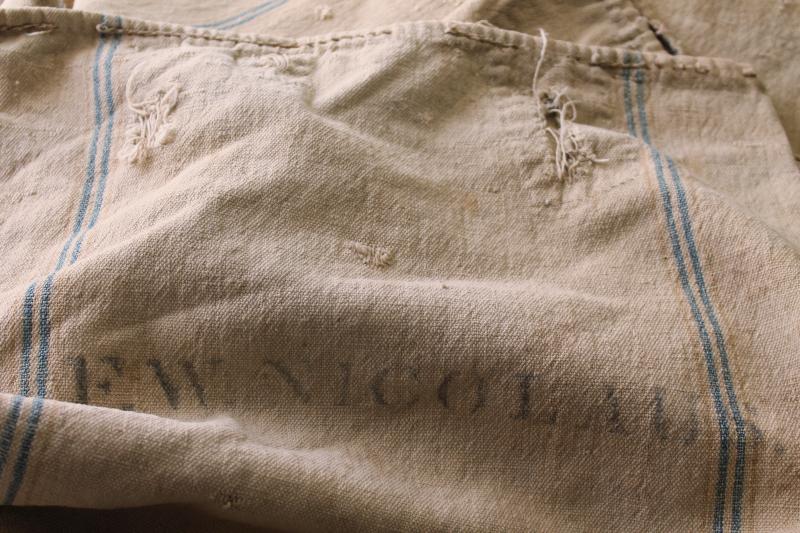 photo of rustic vintage cotton grain sacks, blue & brown stripe feed bags patched primitive antique fabric #16