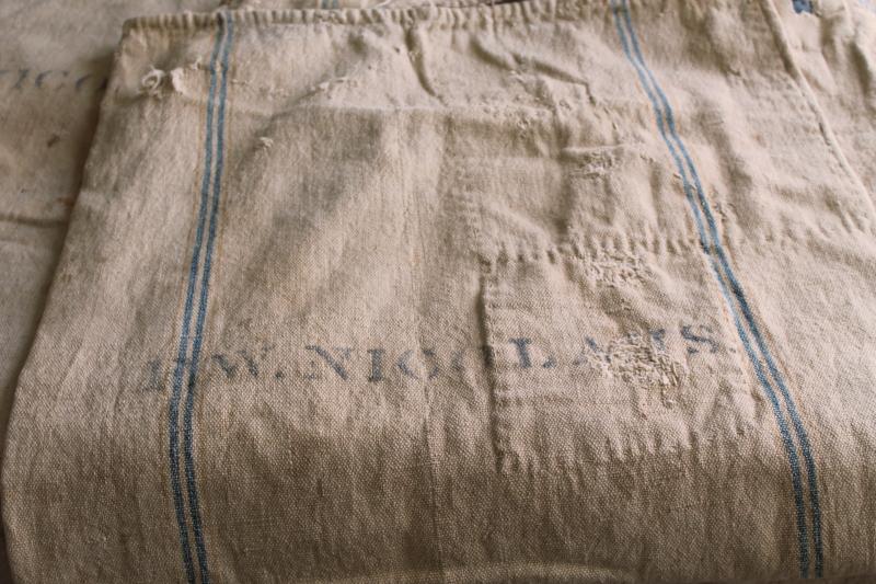 photo of rustic vintage cotton grain sacks, blue & brown stripe feed bags patched primitive antique fabric #17