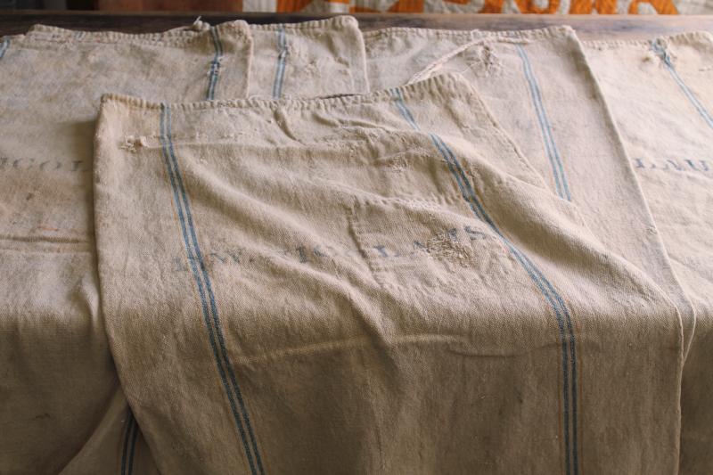 photo of rustic vintage cotton grain sacks, blue & brown stripe feed bags patched primitive antique fabric #18