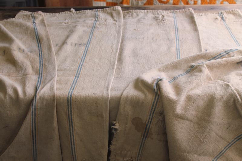 photo of rustic vintage cotton grain sacks, blue & brown stripe feed bags patched primitive antique fabric #19