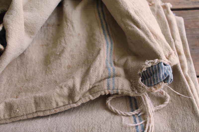 photo of rustic vintage cotton grain sacks, blue & brown stripe feed bags patched primitive antique fabric #21