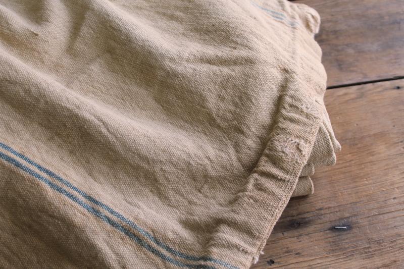 photo of rustic vintage cotton grain sacks, blue & brown stripe feed bags patched primitive antique fabric #22