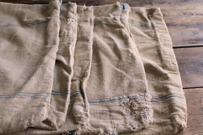 photo of rustic vintage cotton grain sacks, blue & brown stripe feed bags patched primitive antique fabric #23