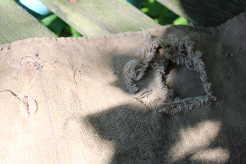 photo of rustic vintage cotton grain sacks, blue & red stripe feed bags patched primitive antique fabric #7