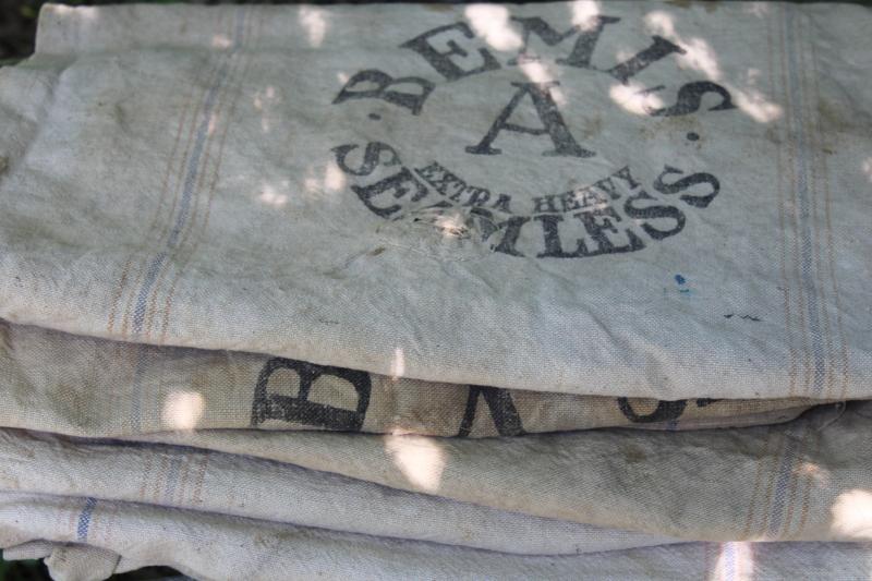 photo of rustic vintage cotton grain sacks, blue & red stripe feed bags patched primitive antique fabric #8