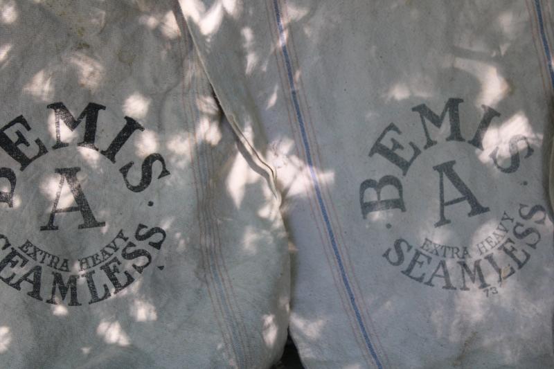 photo of rustic vintage cotton grain sacks, blue & red stripe feed bags patched primitive antique fabric #11