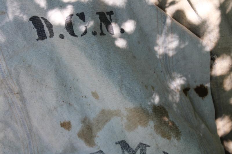 photo of rustic vintage cotton grain sacks, blue & red stripe feed bags patched primitive antique fabric #16