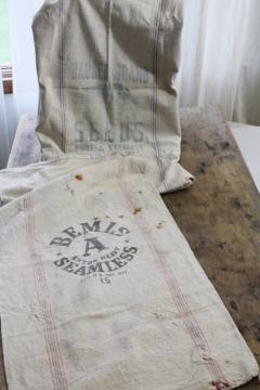 catalog photo of rustic vintage cotton grain sacks, blue & red stripe feed bags patched primitive antique fabric