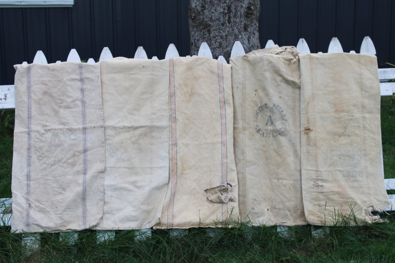 photo of rustic vintage cotton grain sacks, blue & red stripe feed bags primitive antique fabric #1