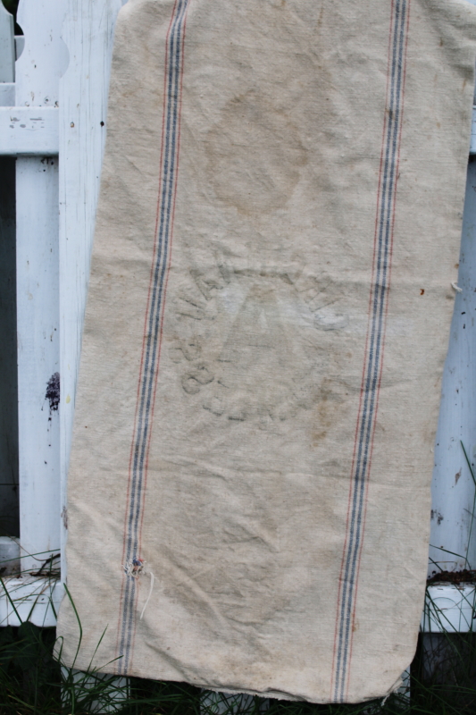 photo of rustic vintage cotton grain sacks, blue & red stripe feed bags primitive antique fabric #5