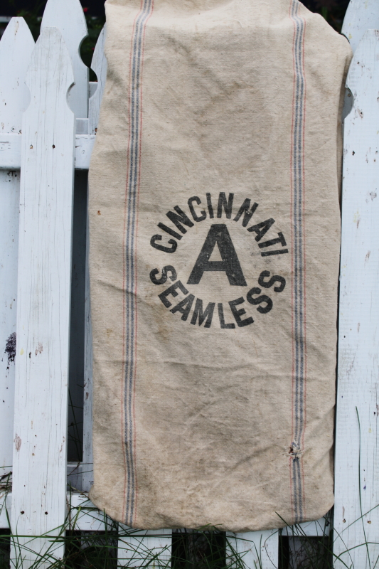 photo of rustic vintage cotton grain sacks, blue & red stripe feed bags primitive antique fabric #6