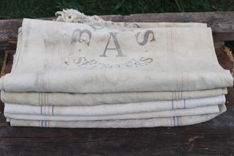 photo of rustic vintage cotton grain sacks, blue & red stripe feed bags primitive antique fabric #7