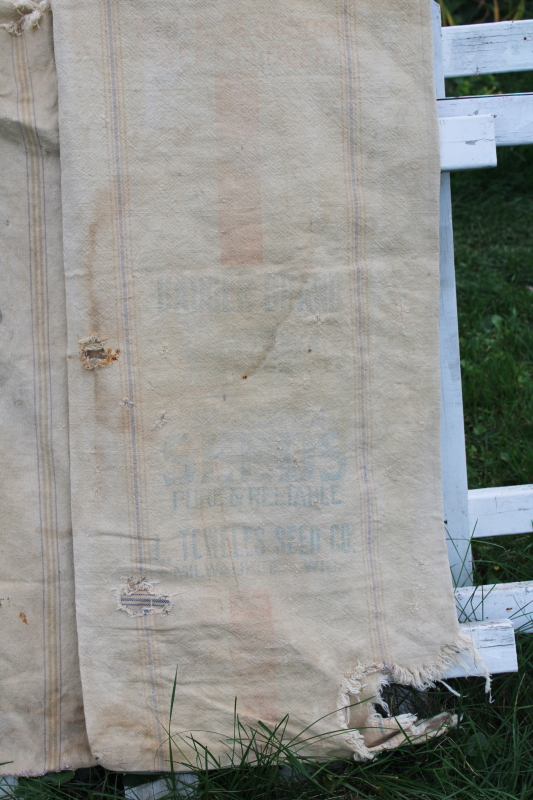 photo of rustic vintage cotton grain sacks, blue & red stripe feed bags primitive antique fabric #8