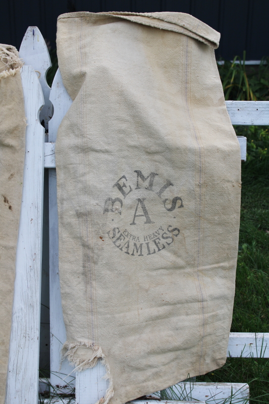 photo of rustic vintage cotton grain sacks, blue & red stripe feed bags primitive antique fabric #9