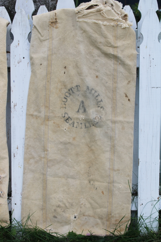 photo of rustic vintage cotton grain sacks, blue & red stripe feed bags primitive antique fabric #10