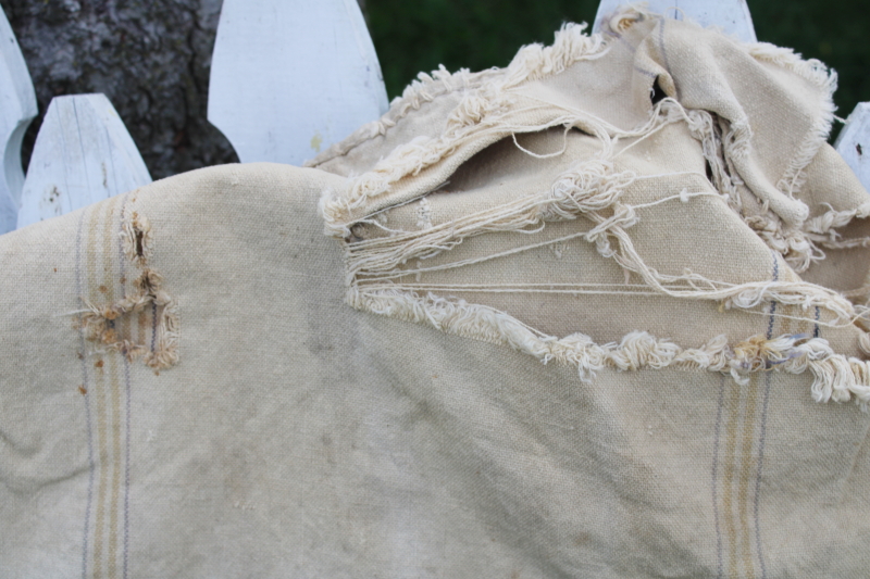 photo of rustic vintage cotton grain sacks, blue & red stripe feed bags primitive antique fabric #12