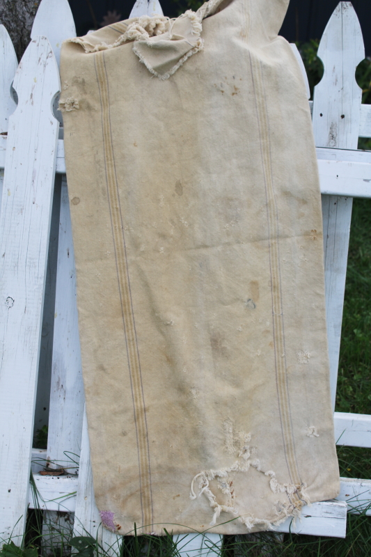 photo of rustic vintage cotton grain sacks, blue & red stripe feed bags primitive antique fabric #13