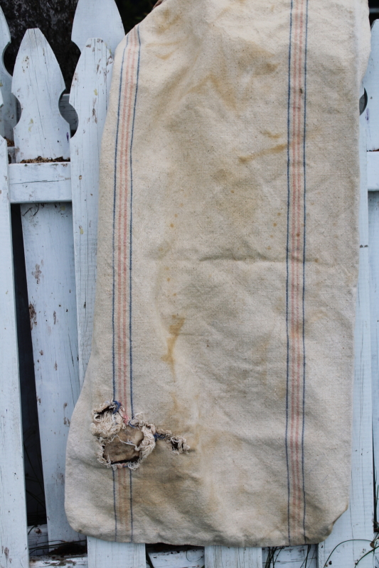 photo of rustic vintage cotton grain sacks, blue & red stripe feed bags primitive antique fabric #15