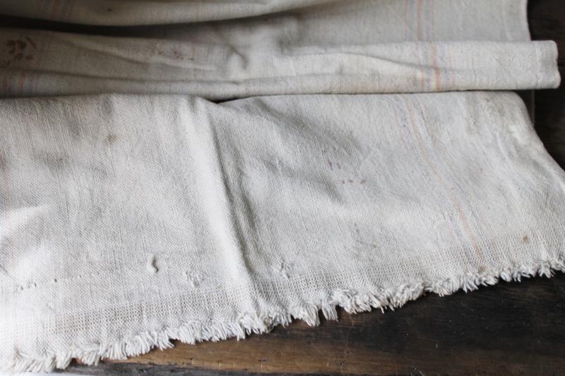 photo of rustic vintage cotton grain sacks, blue & red stripe feed bags primitive antique fabric #5