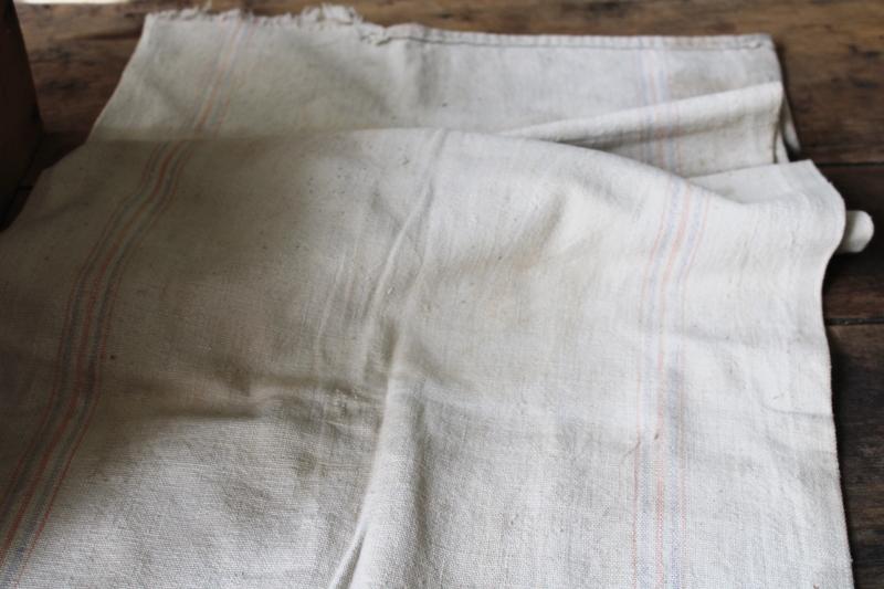 photo of rustic vintage cotton grain sacks, blue & red stripe feed bags primitive antique fabric #7