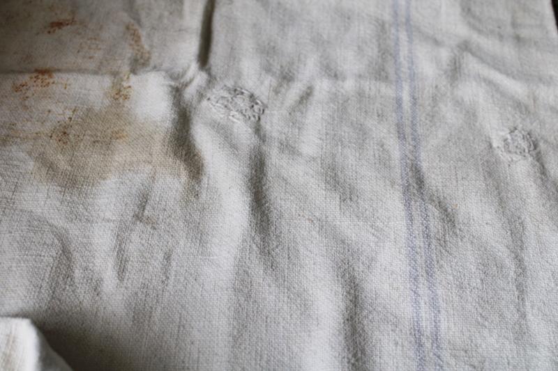 photo of rustic vintage cotton grain sacks, blue & red stripe feed bags primitive antique fabric #21