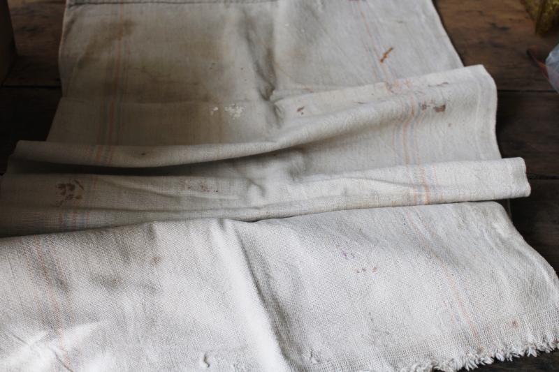 photo of rustic vintage cotton grain sacks, blue & red stripe feed bags primitive antique fabric #25