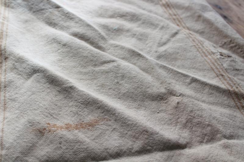 photo of rustic vintage cotton grain sacks, coffee brown stripe feed bags patched primitive antique fabric #3