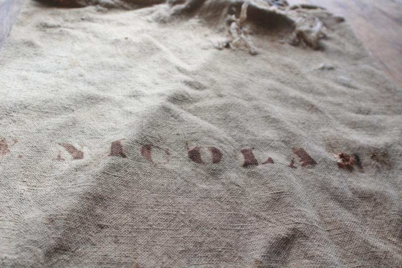 photo of rustic vintage cotton grain sacks, coffee brown stripe feed bags patched primitive antique fabric #4