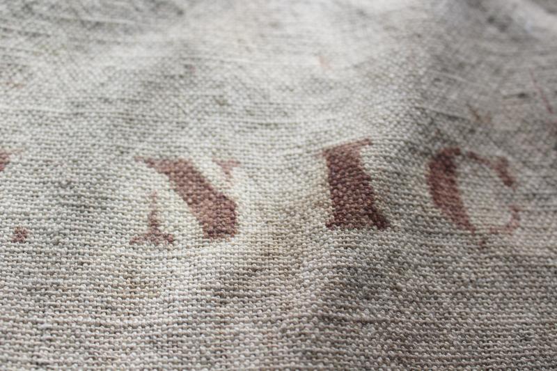 photo of rustic vintage cotton grain sacks, coffee brown stripe feed bags patched primitive antique fabric #5