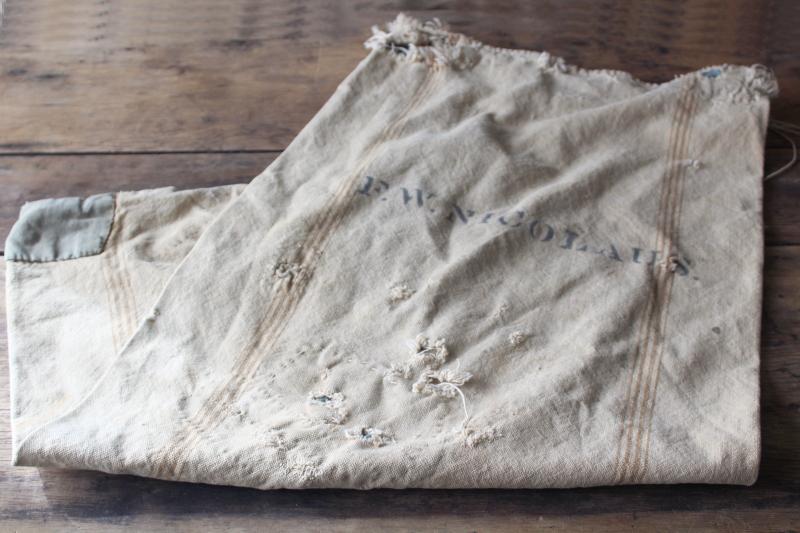 photo of rustic vintage cotton grain sacks, coffee brown stripe feed bags patched primitive antique fabric #9