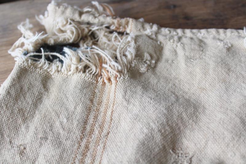 photo of rustic vintage cotton grain sacks, coffee brown stripe feed bags patched primitive antique fabric #11