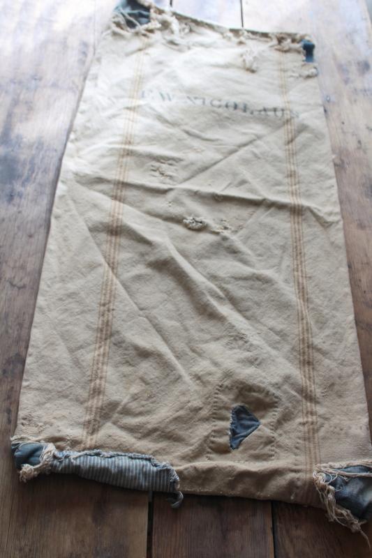 photo of rustic vintage cotton grain sacks, coffee brown stripe feed bags patched primitive antique fabric #12