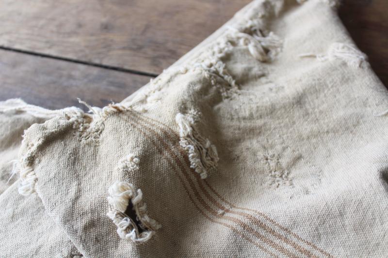 photo of rustic vintage cotton grain sacks, coffee brown stripe feed bags patched primitive antique fabric #13