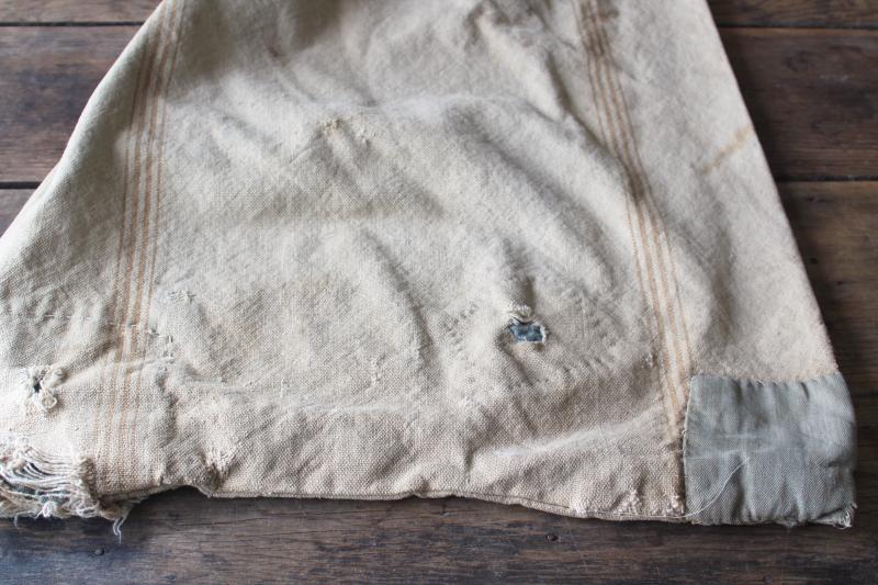 photo of rustic vintage cotton grain sacks, coffee brown stripe feed bags patched primitive antique fabric #14